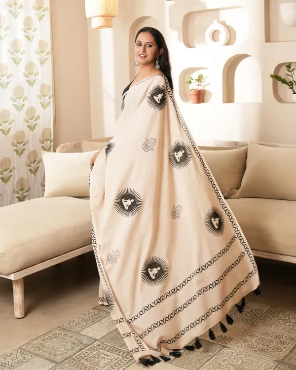 Beige_Cotton_Spiritual_Chakra_Block_Print_Mul_Saree_With_Tassels_For_Women